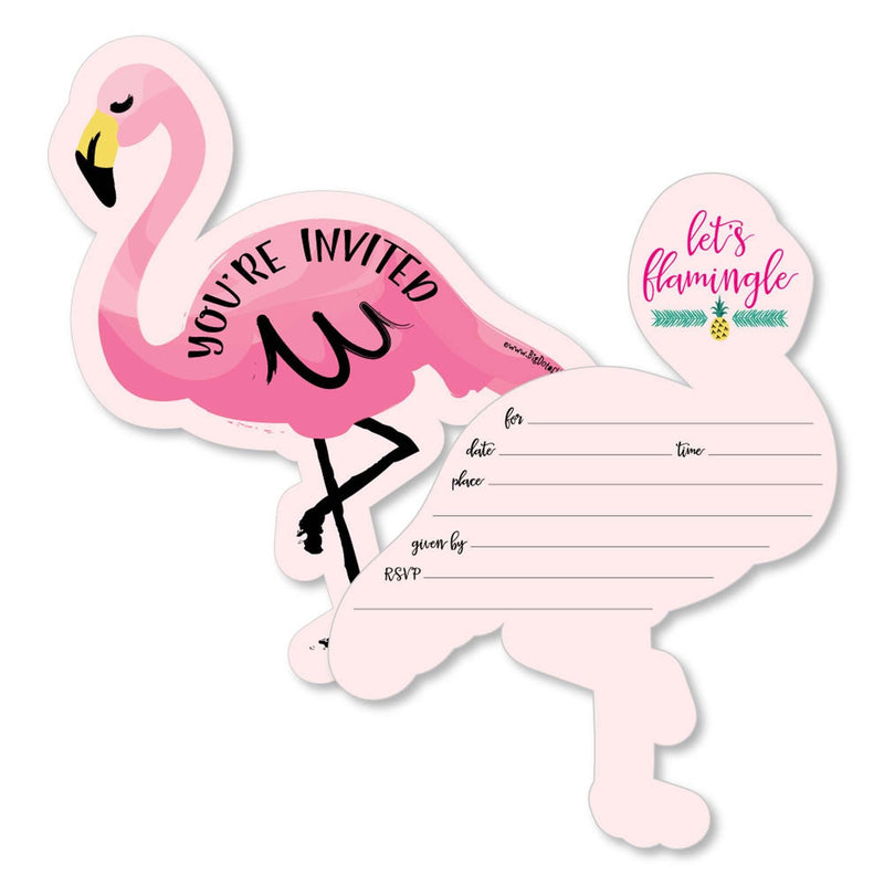 Pink Flamingo - Shaped Fill-In Invitations - Tropical Summer Party Invitation Cards with Envelopes - Set of 12