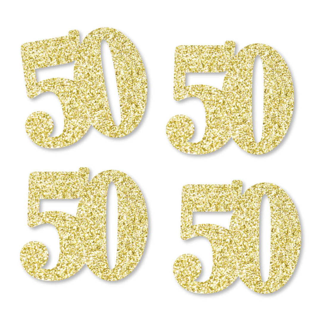 A set of gold glitter cut-out numbers '50' on a white background, used for 50th birthday party decorations.
