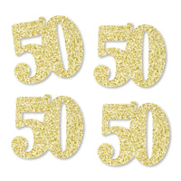 A set of gold glitter cut-out numbers '50' on a white background, used for 50th birthday party decorations.