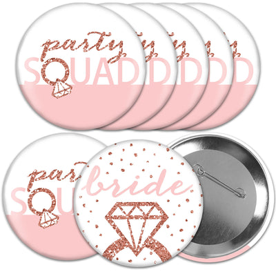 Bride Squad - 3 inch Rose Gold Bridal Shower or Bachelorette Party Badge - Pinback Buttons - Set of 8