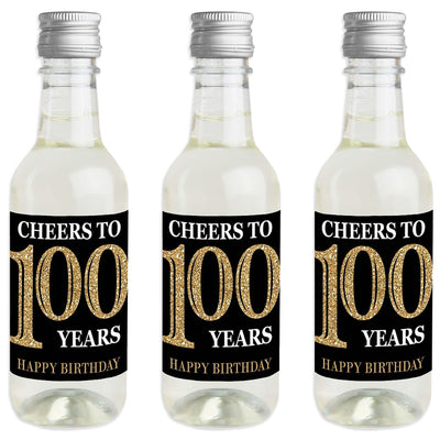 Adult 100th Birthday - Gold - Mini Wine and Champagne Bottle Label Stickers - Birthday Party Favor Gift - For Women and Men - Set of 16
