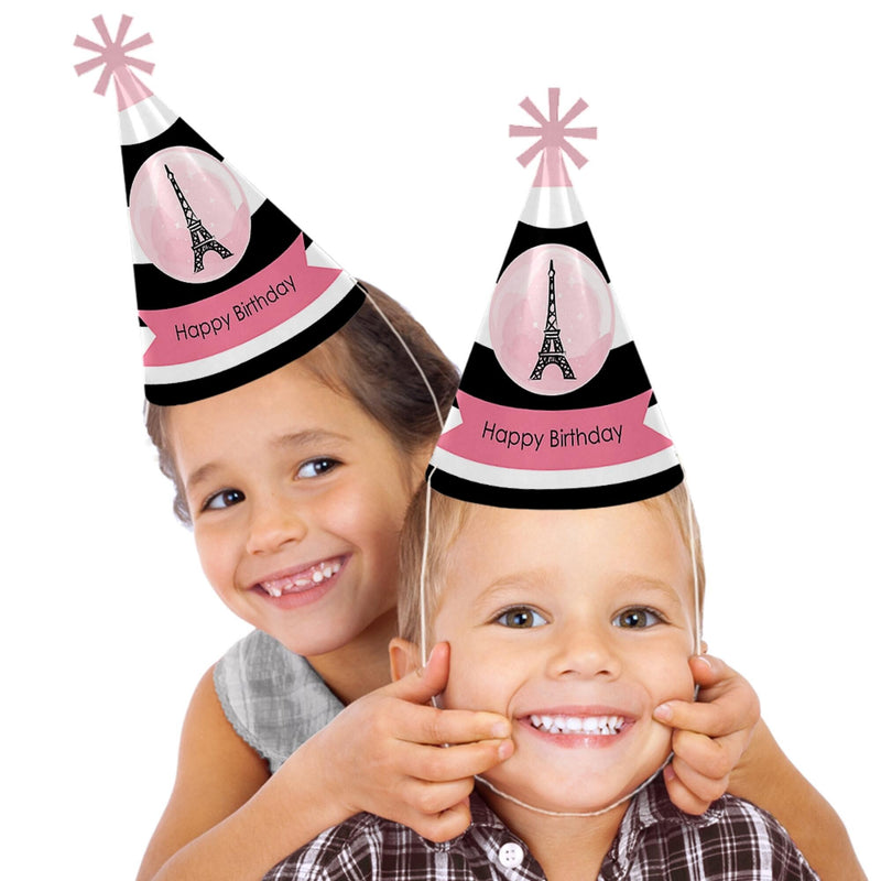 Paris, Ooh La La - Cone Paris Theme Happy Birthday Party Hats for Kids and Adults - Set of 8 (Standard Size)