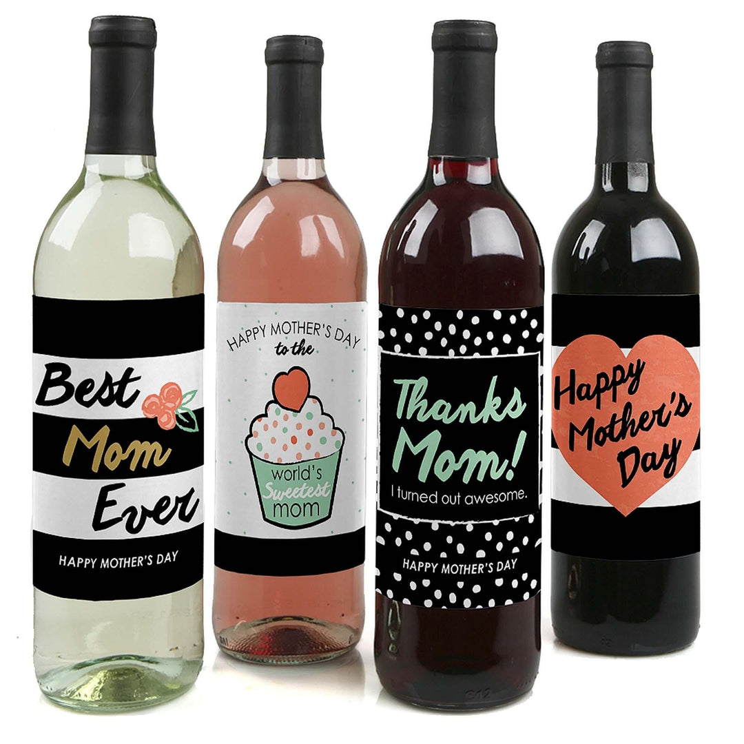 Four wine bottle labels with different designs, each beginning with a phrase 'Happy Mother's Day' and others expressing gratitude to mom.