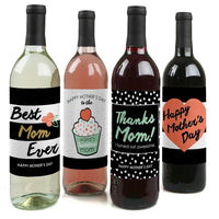 Four wine bottle labels with different designs, each beginning with a phrase 'Happy Mother's Day' and others expressing gratitude to mom.