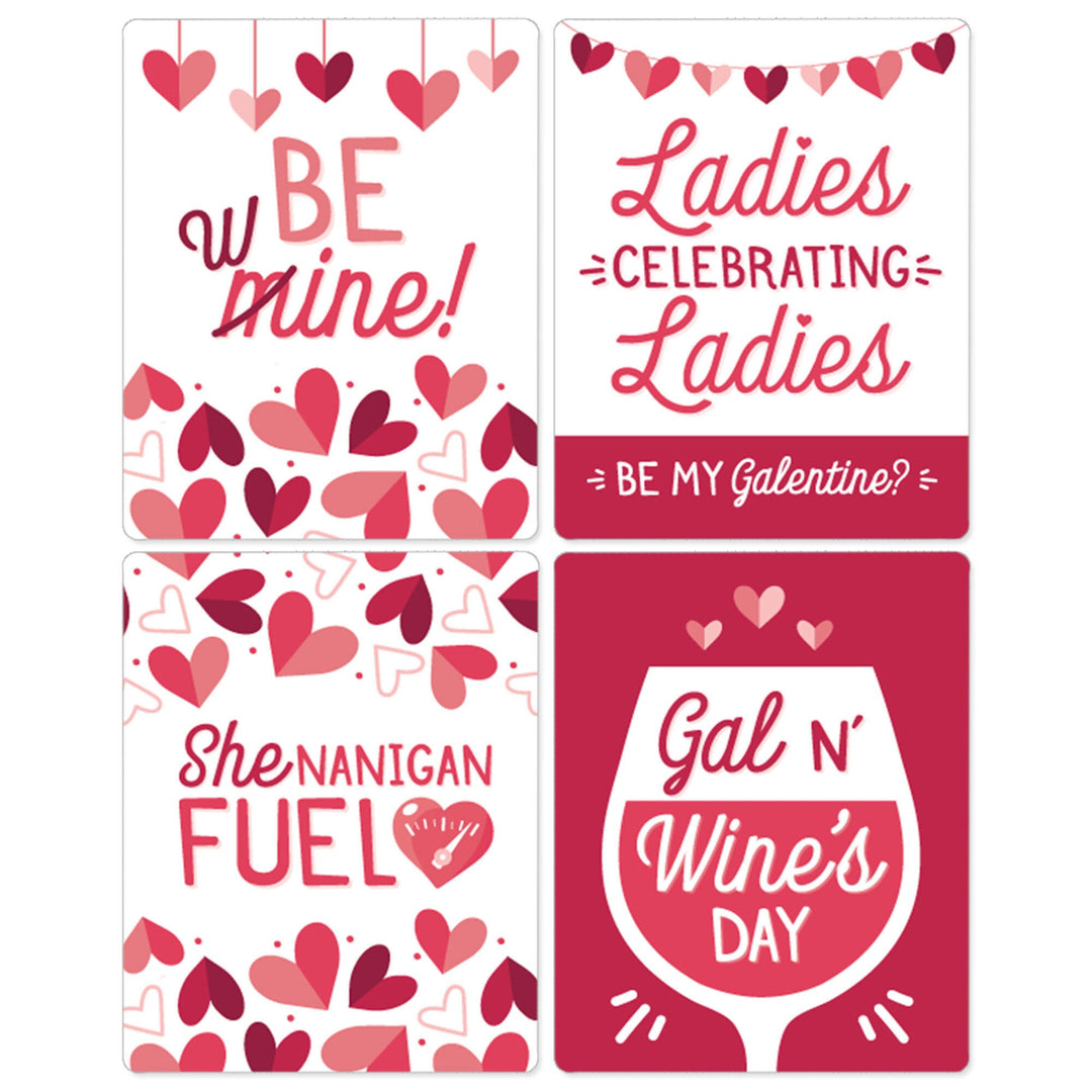 Happy Galentine's Day - Valentine's Day Party Decorations for Women and Men - Wine Bottle Label Stickers - Set of 4