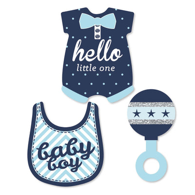Hello Little One - Blue and Silver - DIY Shaped Boy Baby Shower Paper Cut-Outs - 24 ct
