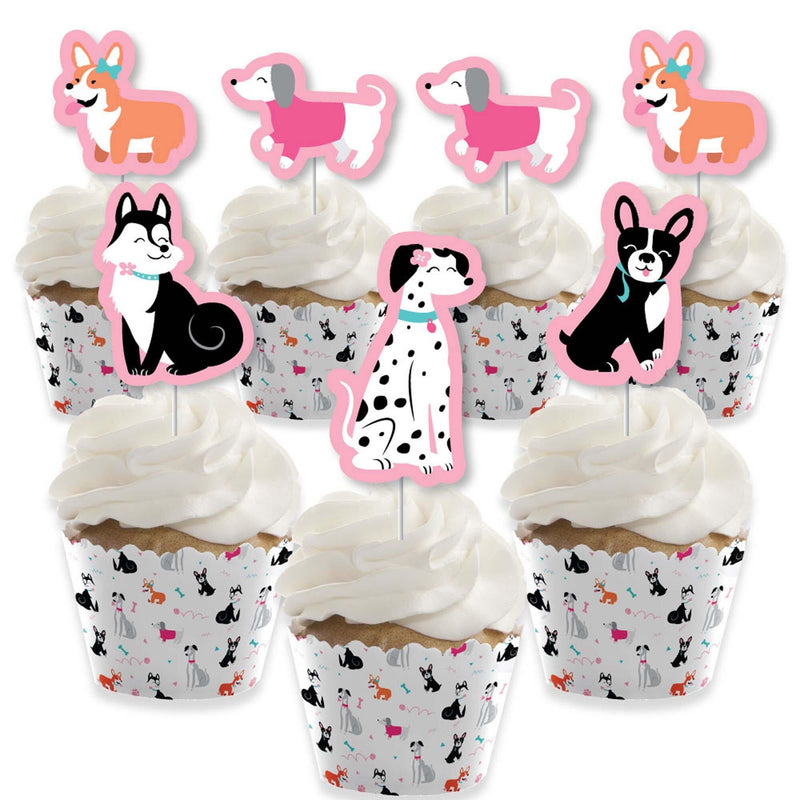 Pawty Like a Puppy Girl - Cupcake Decoration - Pink Dog Baby Shower or Birthday Party Cupcake Wrappers and Treat Picks Kit - Set of 24