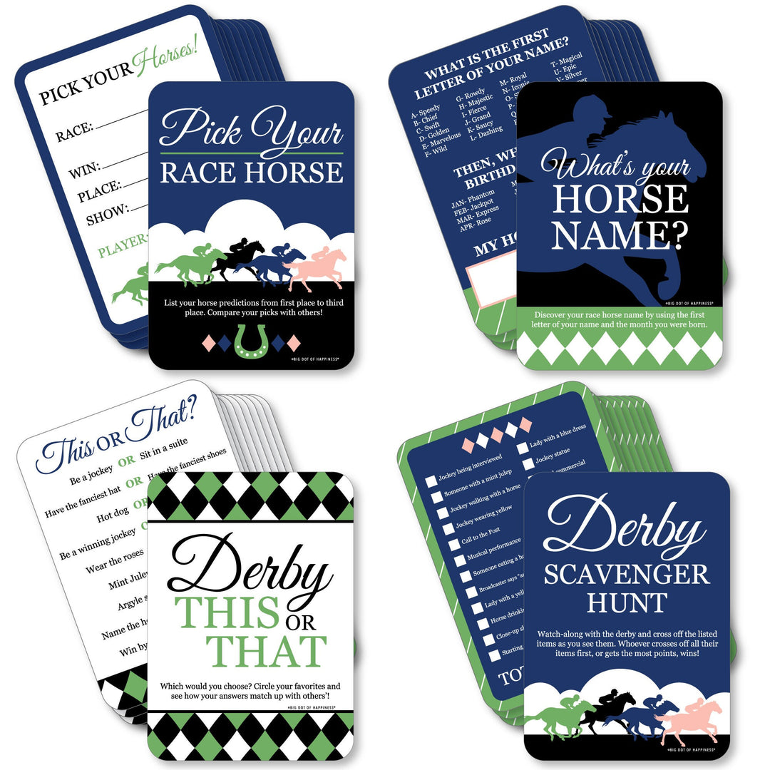 A collection of four Kentucky Horse Derby party games printed on cardstock paper, including games named 'Pick Your Racehorse', 'What's Your Horse Name', 'This or That', and 'Scavenger Hunt'. Each game has a unique design with colorful accents and text.