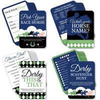 A collection of four Kentucky Horse Derby party games printed on cardstock paper, including games named 'Pick Your Racehorse', 'What's Your Horse Name', 'This or That', and 'Scavenger Hunt'. Each game has a unique design with colorful accents and text.