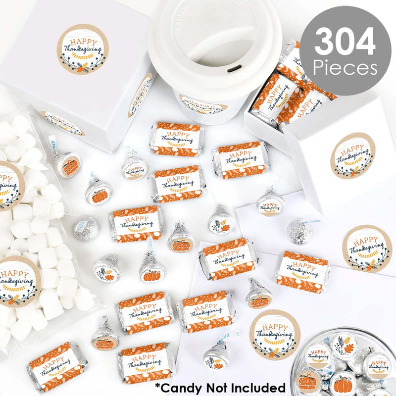 Happy Thanksgiving - Mini Candy Bar Wrappers, Round Candy Stickers and Circle Stickers - Fall Harvest Party Candy Favor Sticker Kit - 304 Pieces