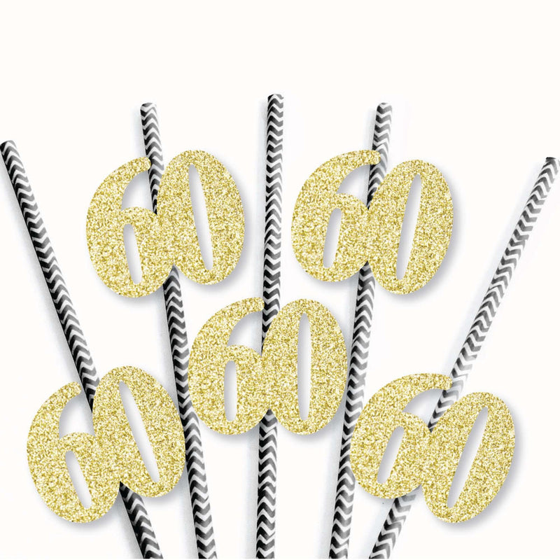 Gold Glitter 60 Party Straws - No-Mess Real Gold Glitter Cut-Out Numbers & Decorative 60th Birthday Party Paper Straws - Set of 24