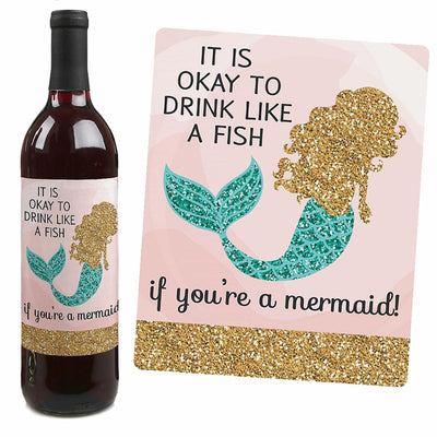 Let's Be Mermaids - Baby Shower or Birthday Party Decorations for Women and Men - Wine Bottle Label Stickers - Set of 4