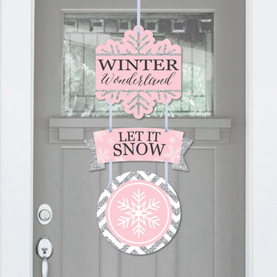 Pink Winter Wonderland - Hanging Porch Holiday Snowflake Birthday Party and Baby Shower Outdoor Decorations - Front Door Decor - 3 Piece Sign