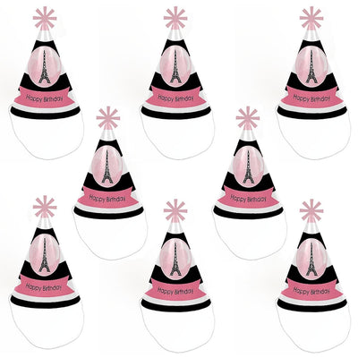 Paris, Ooh La La - Cone Paris Theme Happy Birthday Party Hats for Kids and Adults - Set of 8 (Standard Size)