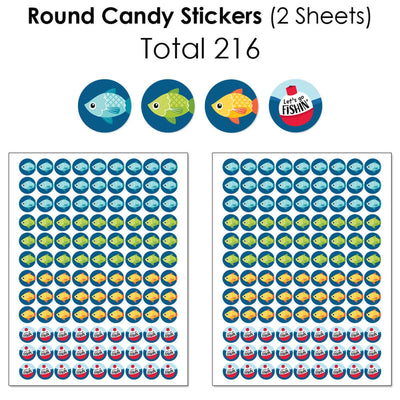 Let's Go Fishing - Mini Candy Bar Wrappers, Round Candy Stickers and Circle Stickers - Fish Themed Party or Birthday Party Candy Favor Sticker Kit - 304 Pieces