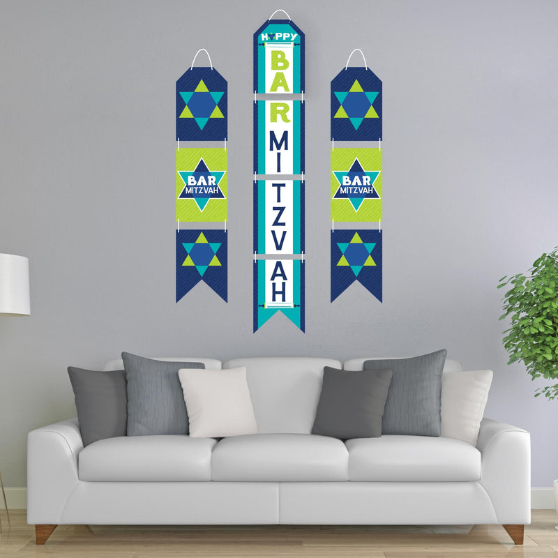 Blue Bar Mitzvah - Hanging Vertical Paper Door Banners - Boy Party Wall Decoration Kit - Indoor Door Decor