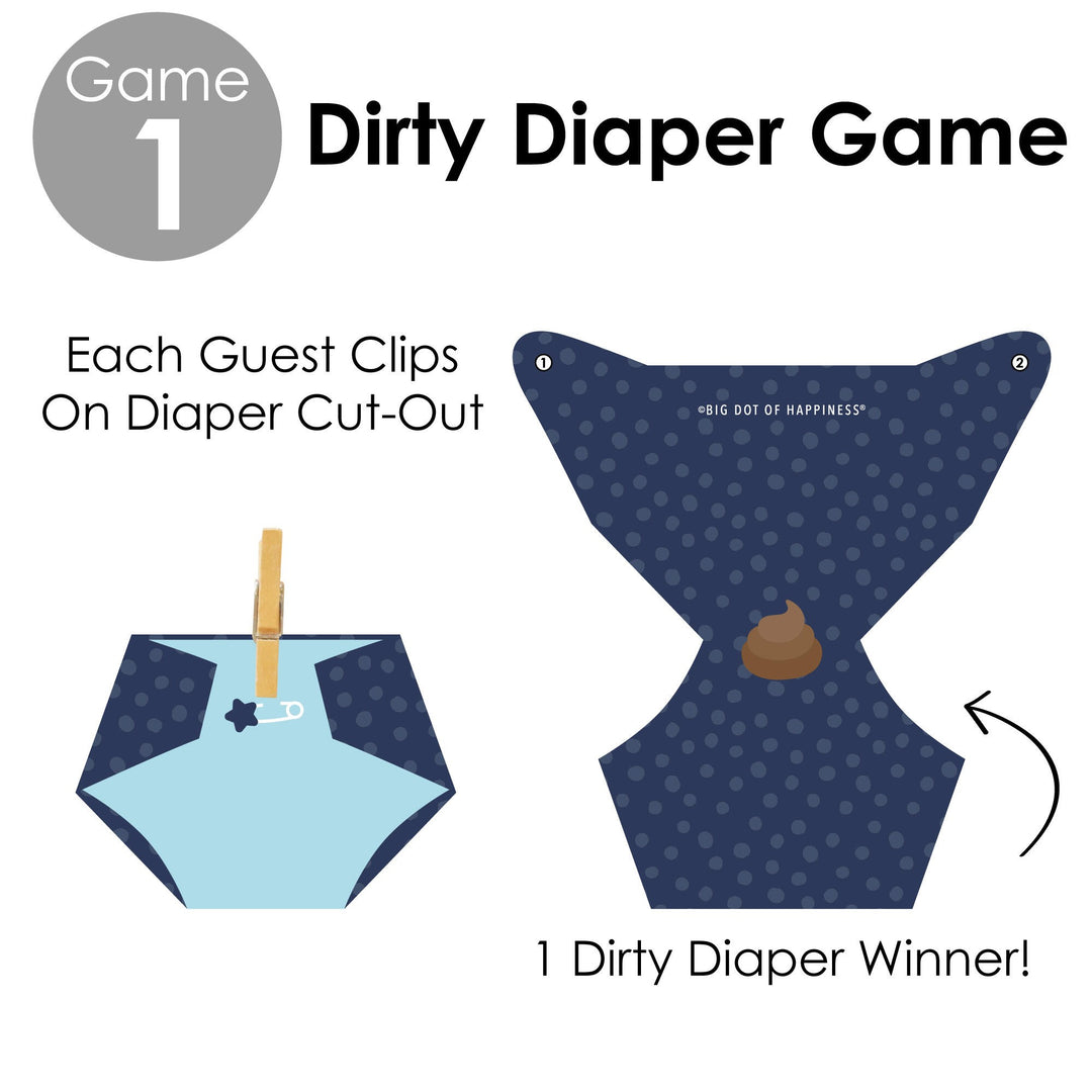 Baby Boy - Blue Baby Shower Conversation Starter - 2-in-1 Dirty Diaper Game - Set of 24