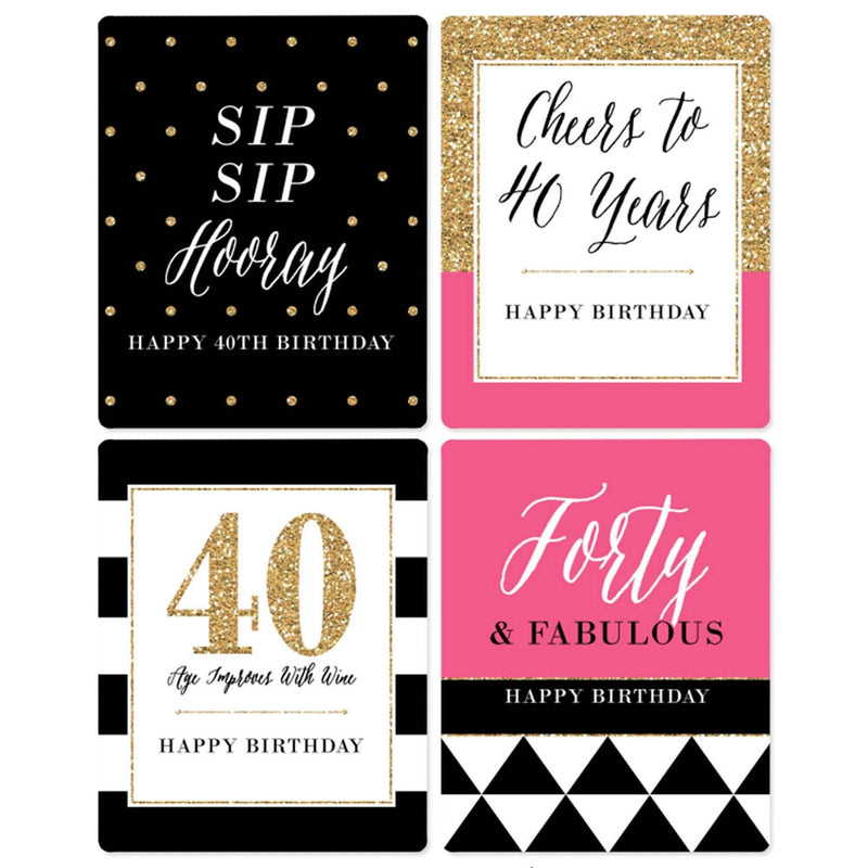 Chic 40th Birthday - Pink, Black and Gold - Decorations for Women - Wine Bottle Label Birthday Party Gift - Set of 4