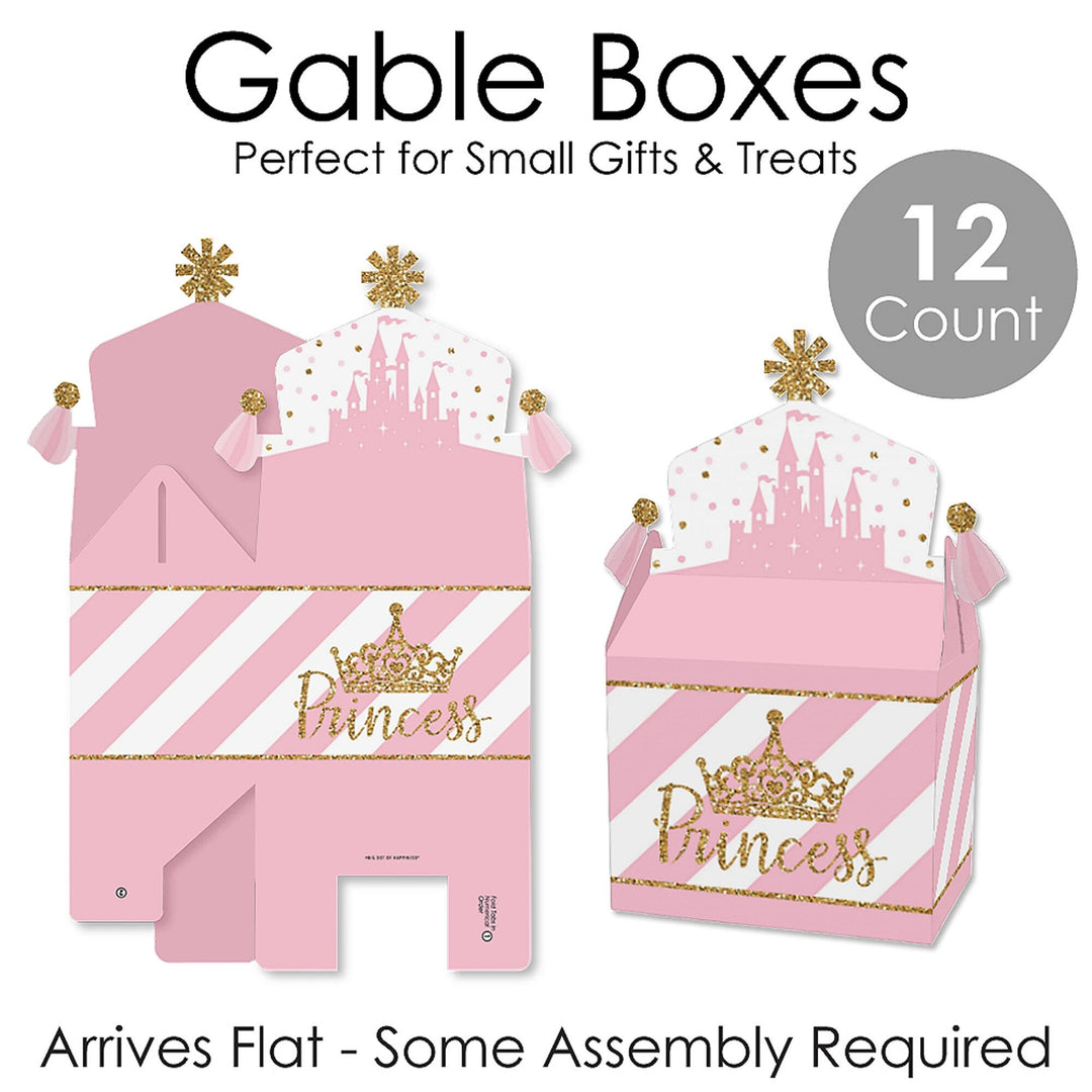 Little Princess Crown - Treat Box Party Favors - Pink and Gold Princess Baby Shower or Birthday Party Goodie Gable Boxes - Set of 12