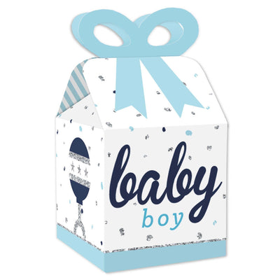 Hello Little One - Blue and Silver - Square Favor Gift Boxes - Boy Baby Shower Bow Boxes - Set of 12