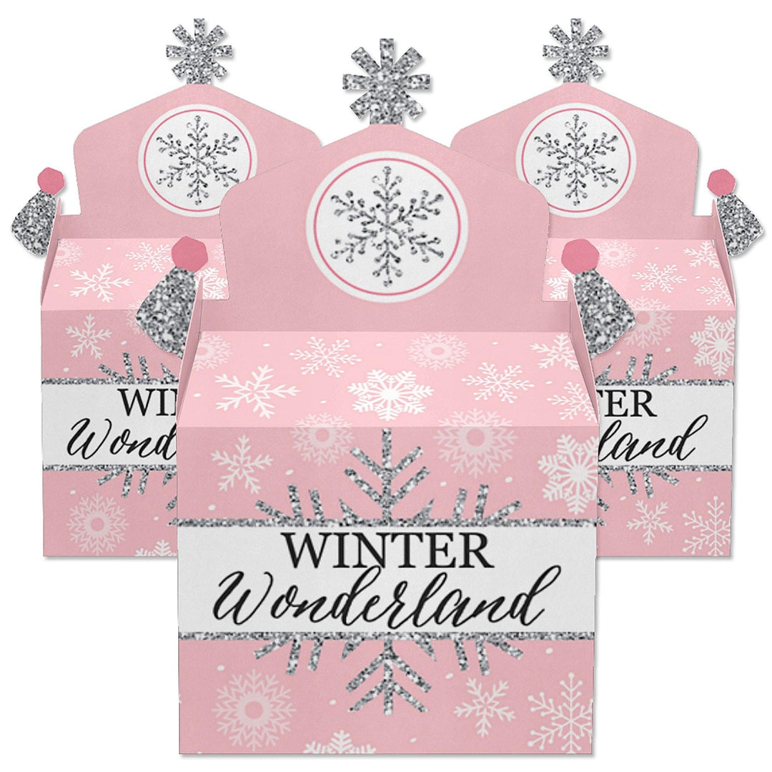 Pink Winter Wonderland - Treat Box Party Favors - Holiday Snowflake Birthday Party and Baby Shower Goodie Gable Boxes - Set of 12