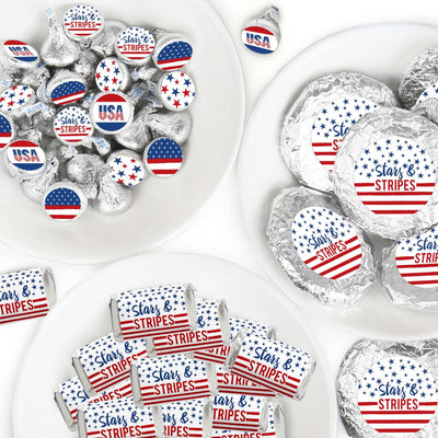 Stars & Stripes - Mini Candy Bar Wrappers, Round Candy Stickers and Circle Stickers - Memorial Day, 4th of July and Labor Day USA Patriotic Party Candy Favor Sticker Kit - 304 Pieces