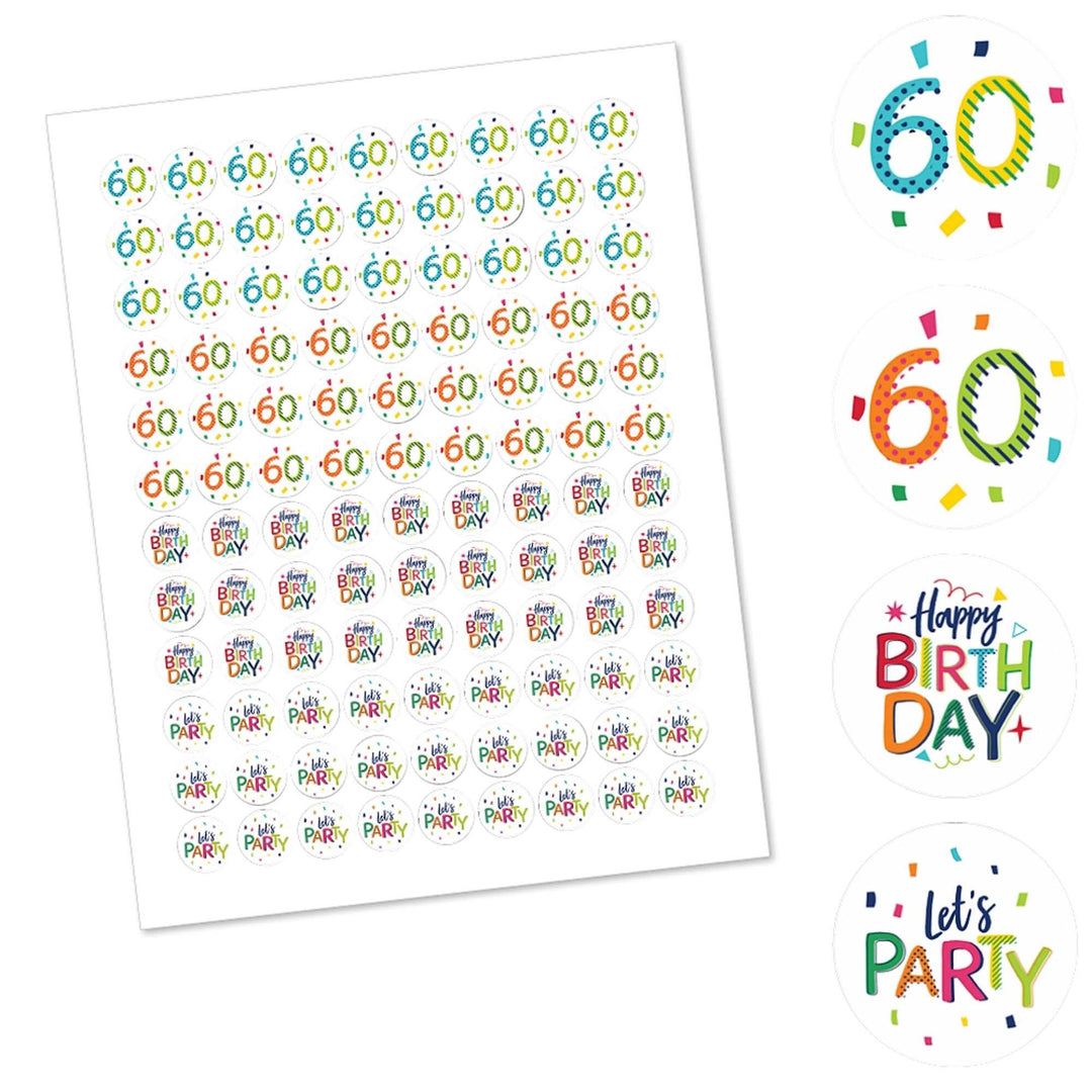 60th Birthday - Cheerful Happy Birthday - Round Candy Labels Colorful Sixtieth Birthday Party Favors - Fits Hershey's Kisses - 108 ct