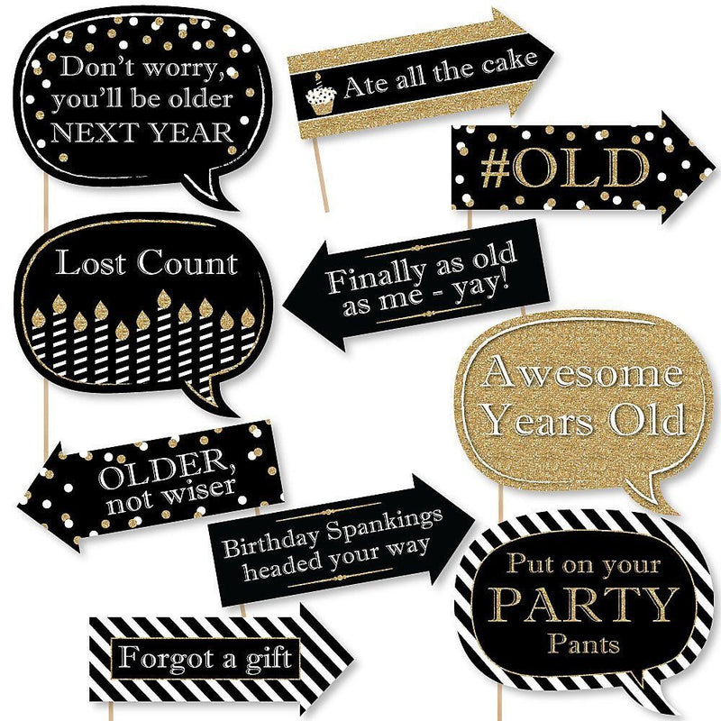 Funny Adult Happy Birthday - Gold - 10 Piece Birthday Party Photo Booth Props Kit