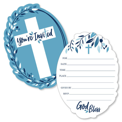 Blue Elegant Cross - Shaped Fill-In Invitations - Boy Religious Party Invitation Cards with Envelopes - Set of 12