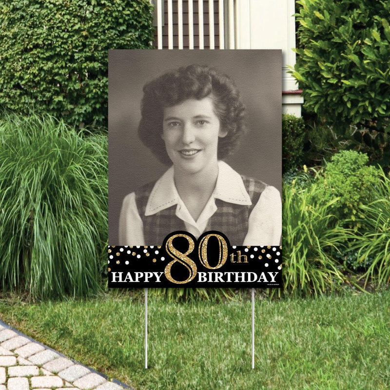 Adult 80th Birthday - Gold - Photo Yard Sign - Birthday Party Decorations