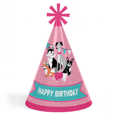Pawty Like a Puppy Girl - Cone Happy Birthday Party Hats for Kids and Adults - Set of 8 (Standard Size)