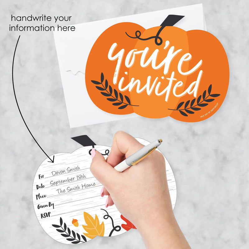 Fall Pumpkin - Shaped Fill-In Invitations - Halloween or Thanksgiving Party Invitation Cards with Envelopes - Set of 12