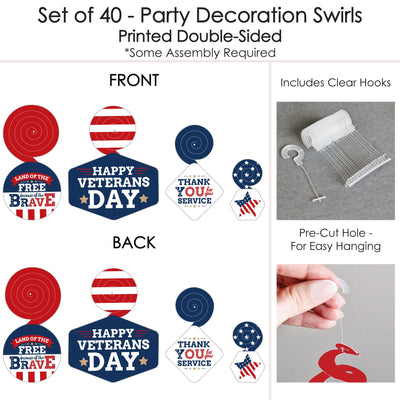 Happy Veterans Day - Patriotic Hanging Decor - Party Decoration Swirls - Set of 40