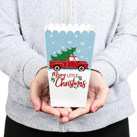 Merry Little Christmas Tree - Red Truck Christmas Party Favor Popcorn Treat Boxes - Set of 12