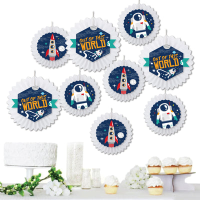 Blast Off to Outer Space - Hanging Rocket Ship Baby Shower or Birthday Party Tissue Decoration Kit - Paper Fans - Set of 9