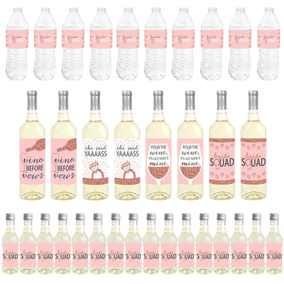 Bride Squad - Mini Wine Bottle Labels, Wine Bottle Labels and Water Bottle Labels - Rose Gold Bridal Shower or Bachelorette Party Decorations - Beverage Bar Kit - 34 Pieces