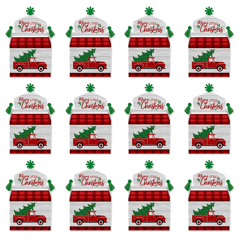 Merry Little Christmas Tree - Treat Box Party Favors - Red Truck Christmas Party Goodie Gable Boxes - Set of 12
