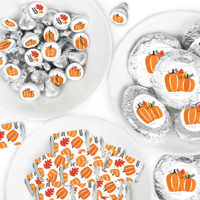 Fall Pumpkin - Mini Candy Bar Wrappers, Round Candy Stickers and Circle Stickers - Halloween or Thanksgiving Party Candy Favor Sticker Kit - 304 Pieces