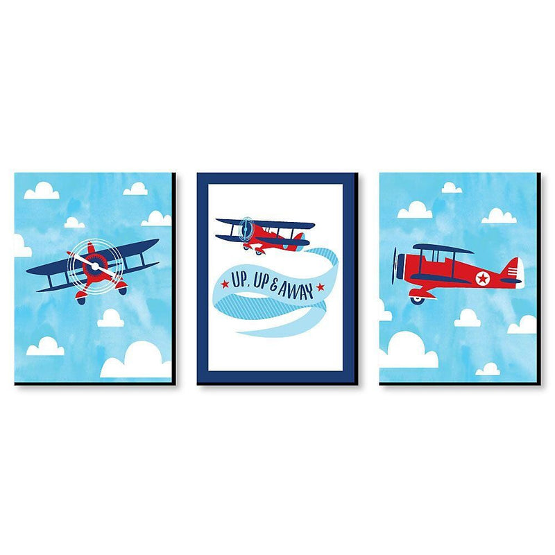 Taking Flight - Airplane - Vintage Plane Baby Boy Nursery Wall Art & Kids Room Decor - 7.5 x 10 inches - Set of 3 Prints
