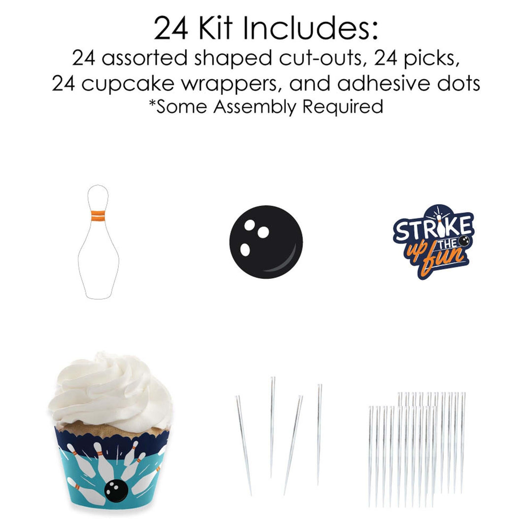 Strike Up the Fun - Bowling - Cupcake Decoration - Birthday Party or Baby Shower Cupcake Wrappers and Treat Picks Kit - Set of 24