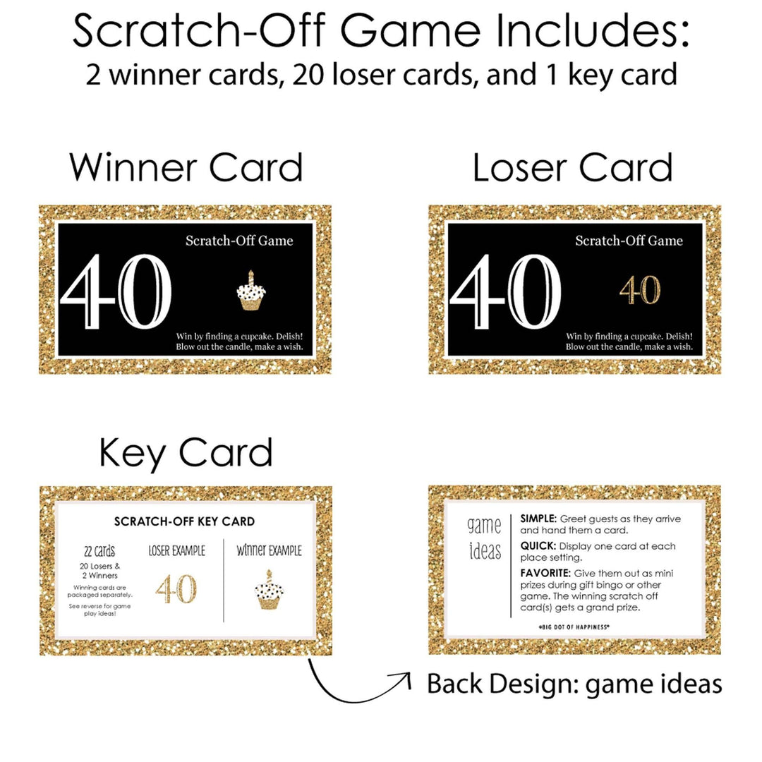 Adult 40th Birthday - Gold - Birthday Party Game Scratch Off Cards - 22 ct