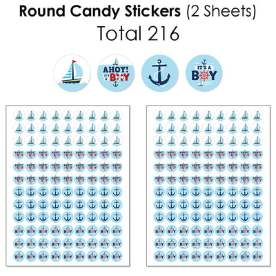 Ahoy It's a Boy - Mini Candy Bar Wrappers, Round Candy Stickers and Circle Stickers - Nautical Baby Shower Candy Favor Sticker Kit - 304 Pieces