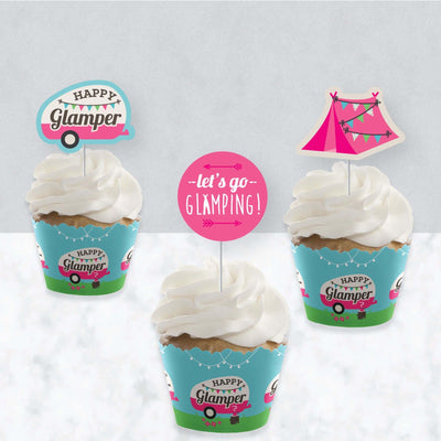 Let's Go Glamping - Cupcake Decoration - Camp Glamp Party or Birthday Party Cupcake Wrappers and Treat Picks Kit - Set of 24