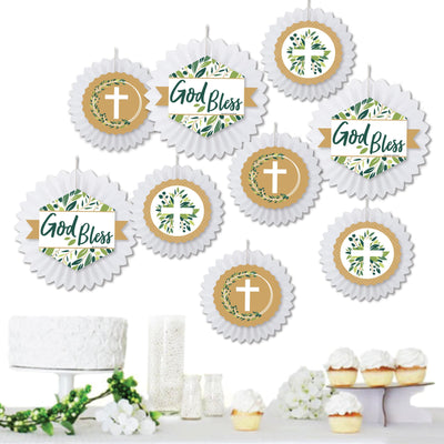 Elegant Cross - Hanging Religious Party Tissue Decoration Kit - Paper Fans - Set of 9