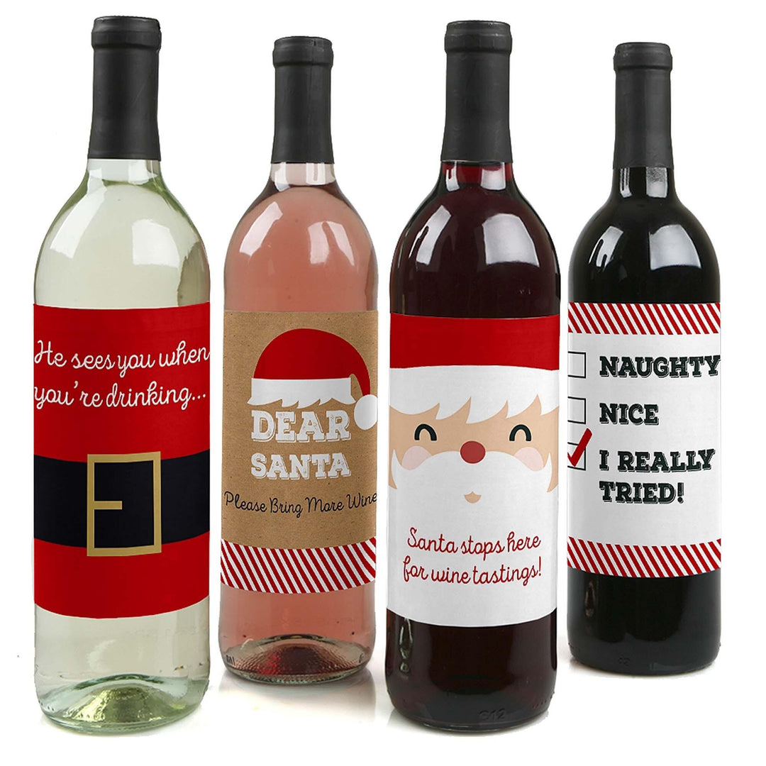 Funny Jolly Santa Claus - Christmas Decorations for Women and Men - Wine Bottle Label Stickers - Set of 4