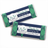 Two candy bar wrappers with a golf ball design and text that reads 'Par-Tee Time, Thanks for swinging by, Let's Par-Tee!' against a green and white plaid background.
