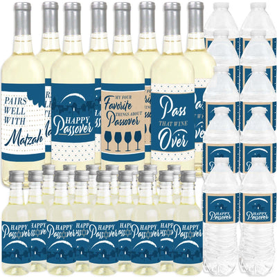 Happy Passover - Mini Wine Bottle Labels, Wine Bottle Labels and Water Bottle Labels - Pesach Jewish Holiday Party Decorations - Beverage Bar Kit - 34 Pieces
