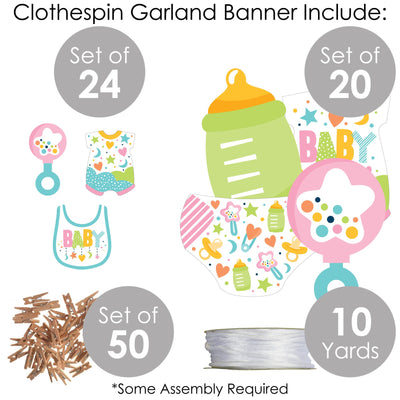 Colorful Baby Shower - Gender Neutral Party DIY Decorations - Clothespin Garland Banner - 44 Pieces