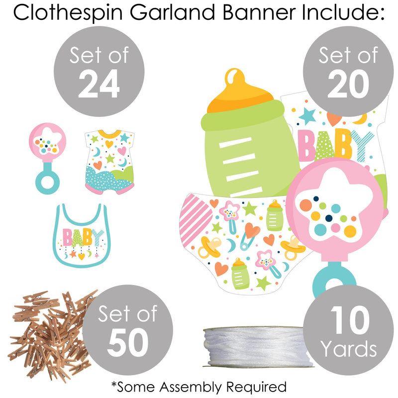 Colorful Baby Shower - Gender Neutral Party DIY Decorations - Clothespin Garland Banner - 44 Pieces