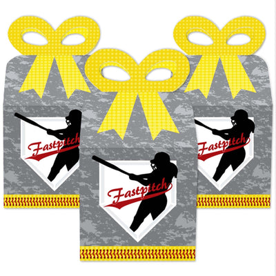 Grand Slam - Fastpitch Softball - Square Favor Gift Boxes - Birthday Party or Baby Shower Bow Boxes - Set of 12